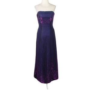 Vintage 90s Night Way Purple Damask Iridescent Shiny Strapless Maxi Dress Gown